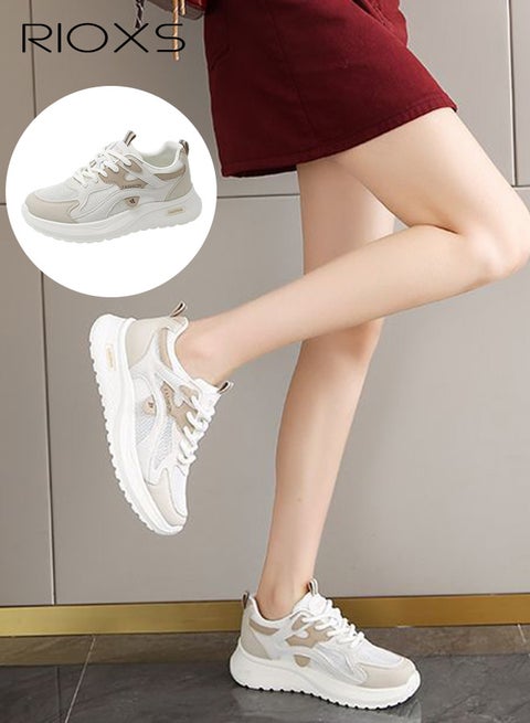 Women's Chunky Sneakers, Classic Round-toed Lace-Up Sport Shoes, 5cm Chunky Platform Sneakers for Ladies, Comfort Ladies Athlesiure Shoes, Brethable Mesh Running Shoes, Lightweight Anti-slip Walking Shoes Jogging Trainers, Beige
