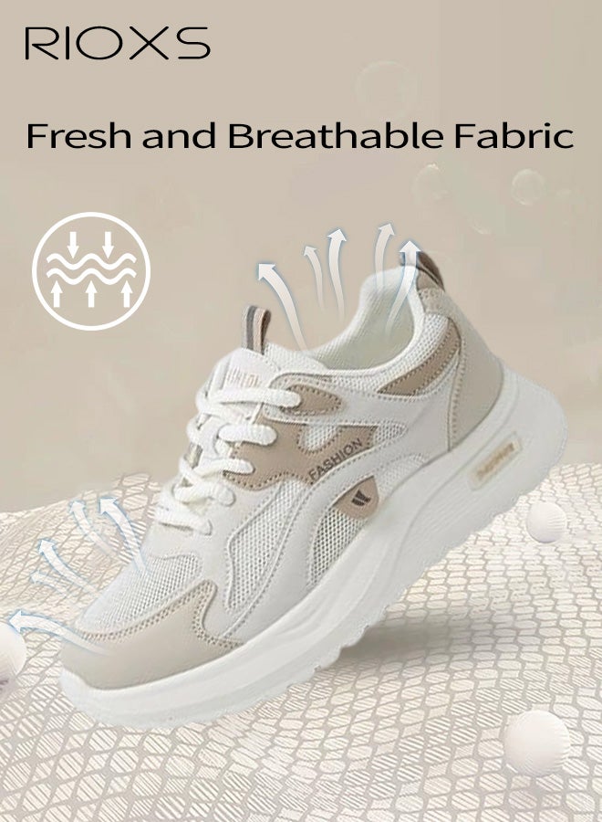RIOXS Women's Chunky Sneakers, Classic Round-toed Lace-Up Sport Shoes, 5cm Chunky Platform Sneakers for Ladies, Comfort Ladies Athlesiure Shoes, Brethable Mesh Running Shoes, Lightweight Anti-slip Walking Shoes Jogging Trainers, Beige - Image 3