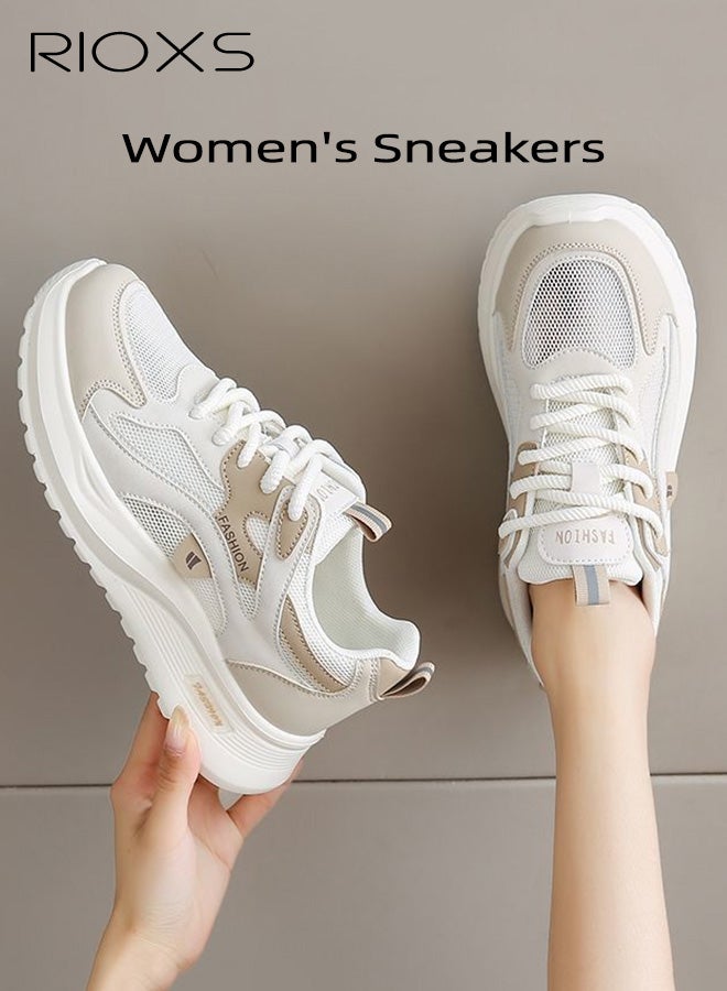 RIOXS Women's Chunky Sneakers, Classic Round-toed Lace-Up Sport Shoes, 5cm Chunky Platform Sneakers for Ladies, Comfort Ladies Athlesiure Shoes, Brethable Mesh Running Shoes, Lightweight Anti-slip Walking Shoes Jogging Trainers, Beige - Image 2