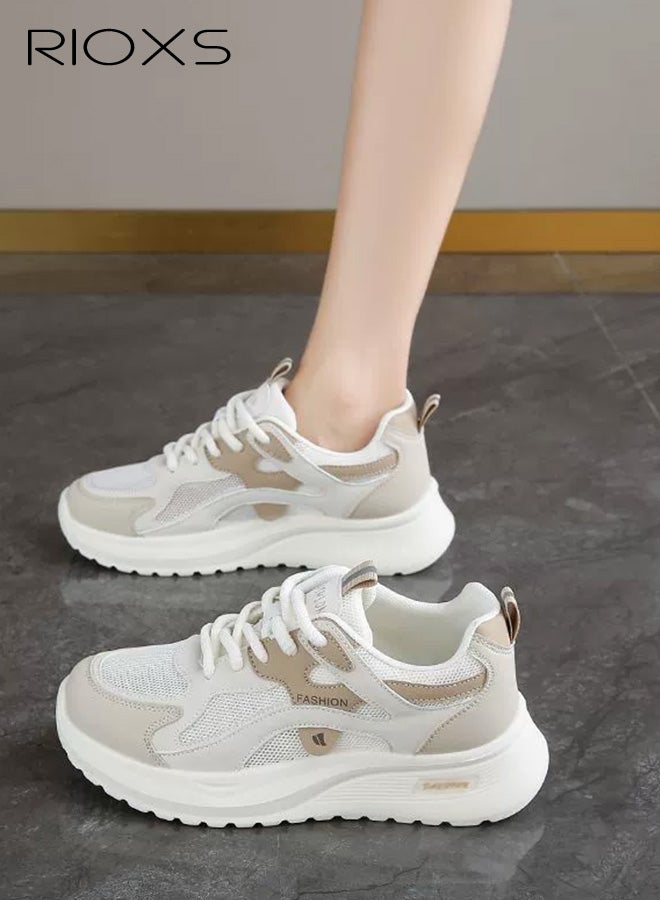RIOXS Women's Chunky Sneakers, Classic Round-toed Lace-Up Sport Shoes, 5cm Chunky Platform Sneakers for Ladies, Comfort Ladies Athlesiure Shoes, Brethable Mesh Running Shoes, Lightweight Anti-slip Walking Shoes Jogging Trainers, Beige - Image 5