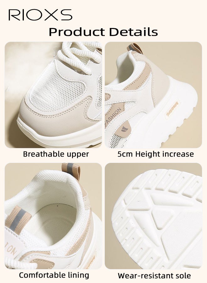 RIOXS Women's Chunky Sneakers, Classic Round-toed Lace-Up Sport Shoes, 5cm Chunky Platform Sneakers for Ladies, Comfort Ladies Athlesiure Shoes, Brethable Mesh Running Shoes, Lightweight Anti-slip Walking Shoes Jogging Trainers, Beige - Image 4