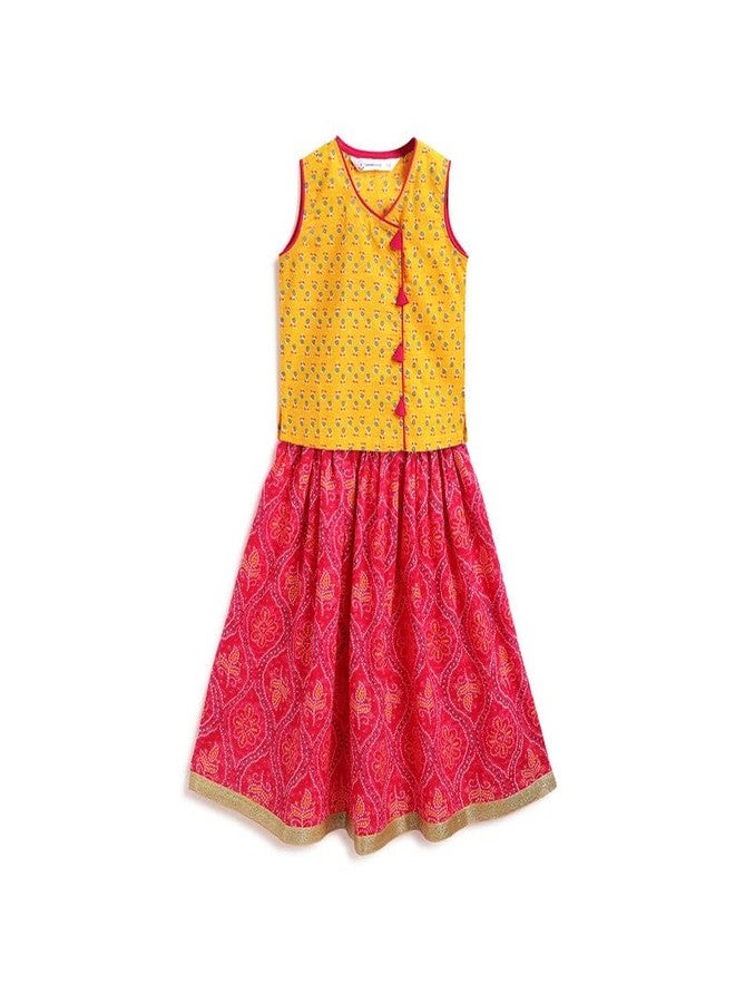 Campana Girls Papiha Pure Cotton Lehenga Choli set | Traditional Ethnic Dress - Yellow & Magenta, CK29335_18-24M - Image 1