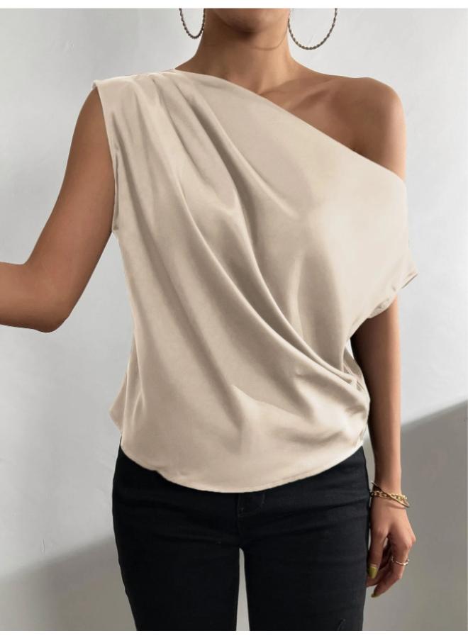 VUELO European And American Women's Clothing Solid Color Satin Artificial Silk Irregular Shoulder Off-shoulder Pullover Sleeveless Shirt For Women - Image 1