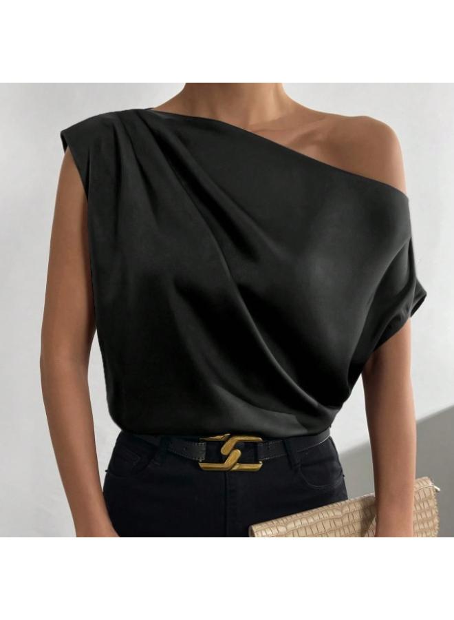 VUELO European And American Women's Clothing Solid Color Satin Artificial Silk Irregular Shoulder Off-shoulder Pullover Sleeveless Shirt For Women - Image 4