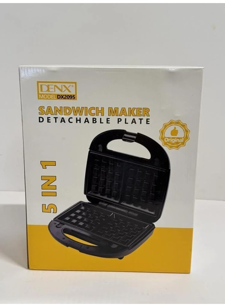 Denx DNEX DX2095 5-in-1 Sandwich Maker, 850W Multi-Function Toaster with Detachable Non-Stick Plates, Cool-Touch Handle, Light Indicators, Anti-Slip Base & Overheat Protection for Home Use - Image 3