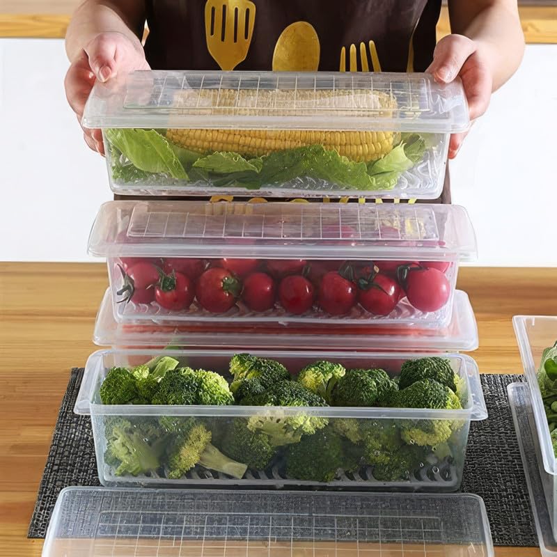 flymore Fridge Storage Boxes (Pack of 6), Fridge Organizer with Removable Drain Plate Fridge Storage Containers Keeps Fruits, Vegetables, Meat, Fish Fresh Longer 1500 ML Container Box - Image 5