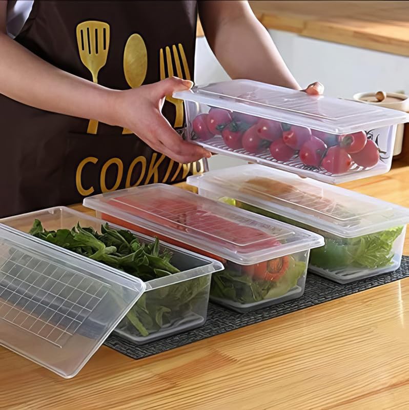 flymore Fridge Storage Boxes (Pack of 6), Fridge Organizer with Removable Drain Plate Fridge Storage Containers Keeps Fruits, Vegetables, Meat, Fish Fresh Longer 1500 ML Container Box - Image 2