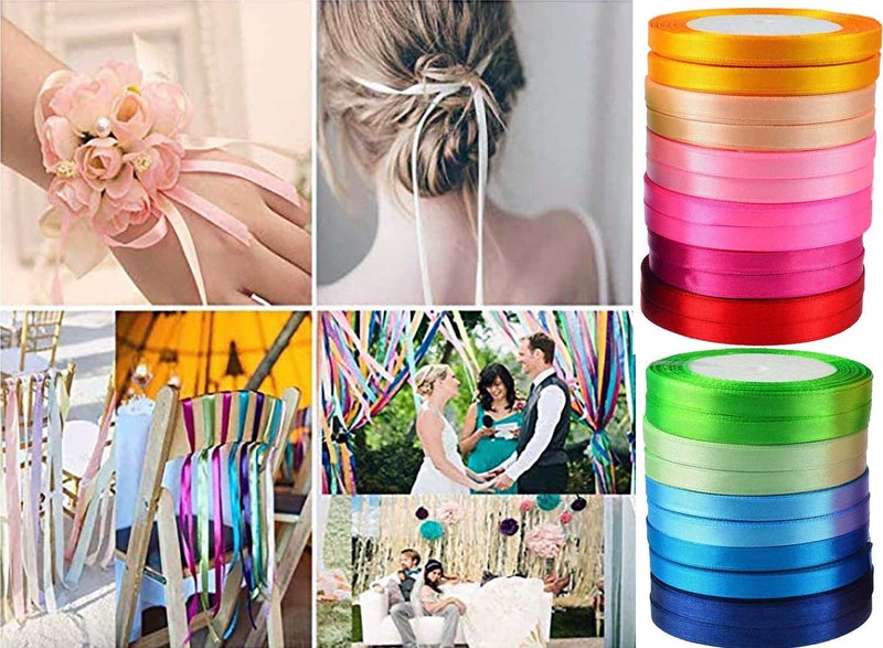 DIY Crafts 1, Pack of 15 Yards, Ribbon Double Face Non Fading Woven Satin Polyester 15-25 Colors Unsorted Bulk for Gift Wrapping Party Decoration in Chr(Combo # No 1, Pack of 15 Yards) - Image 2