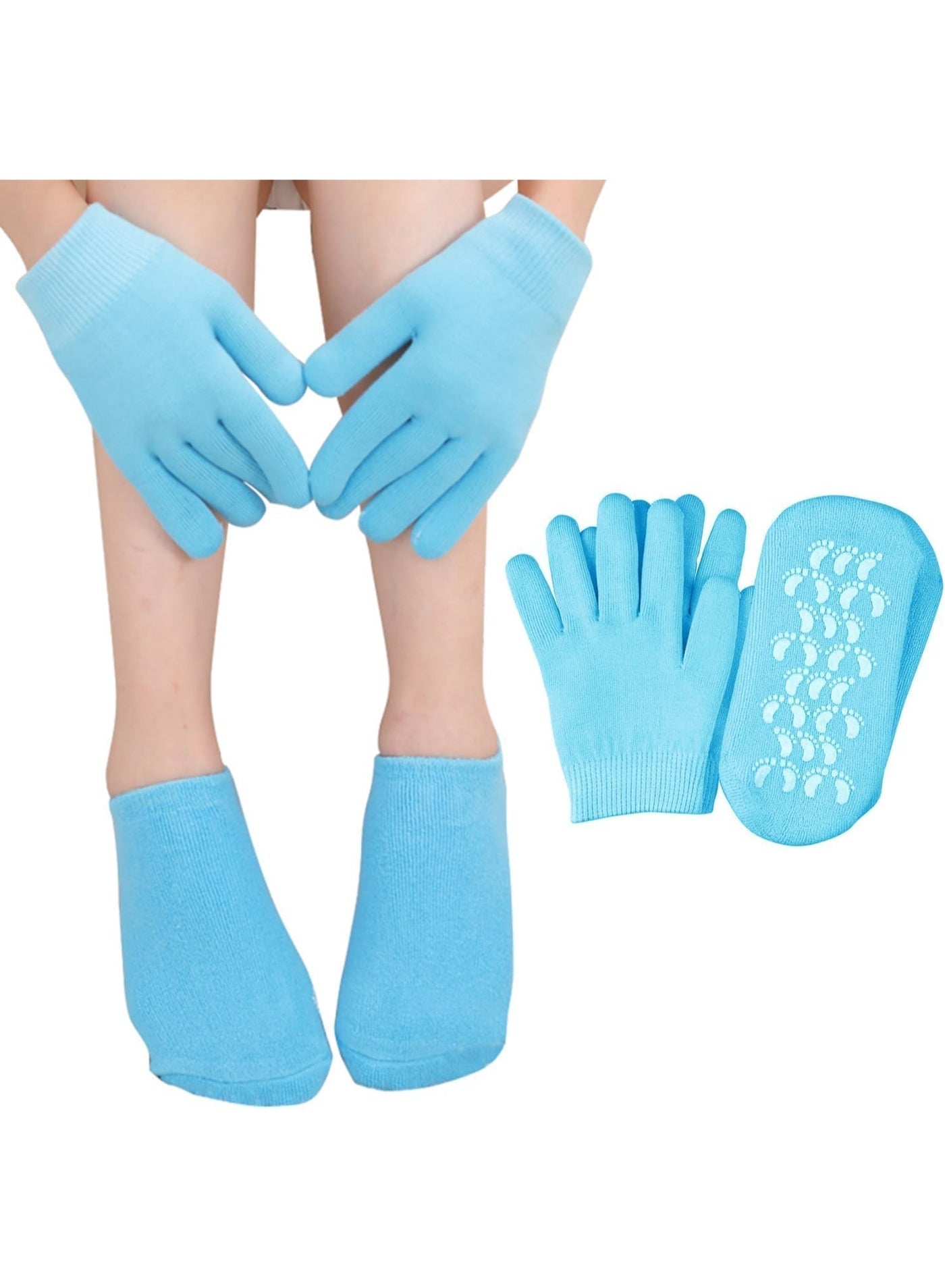 4 Pcs Moisturizing Gloves and Socks Set, Gel Spa Therapy Set, Soften and Repair Dry Cracked Skin, Hands and Feet Skin Care, Effective for Dry Chapped Hands and Feet, Reusable, Comfortable Fabric, Blue