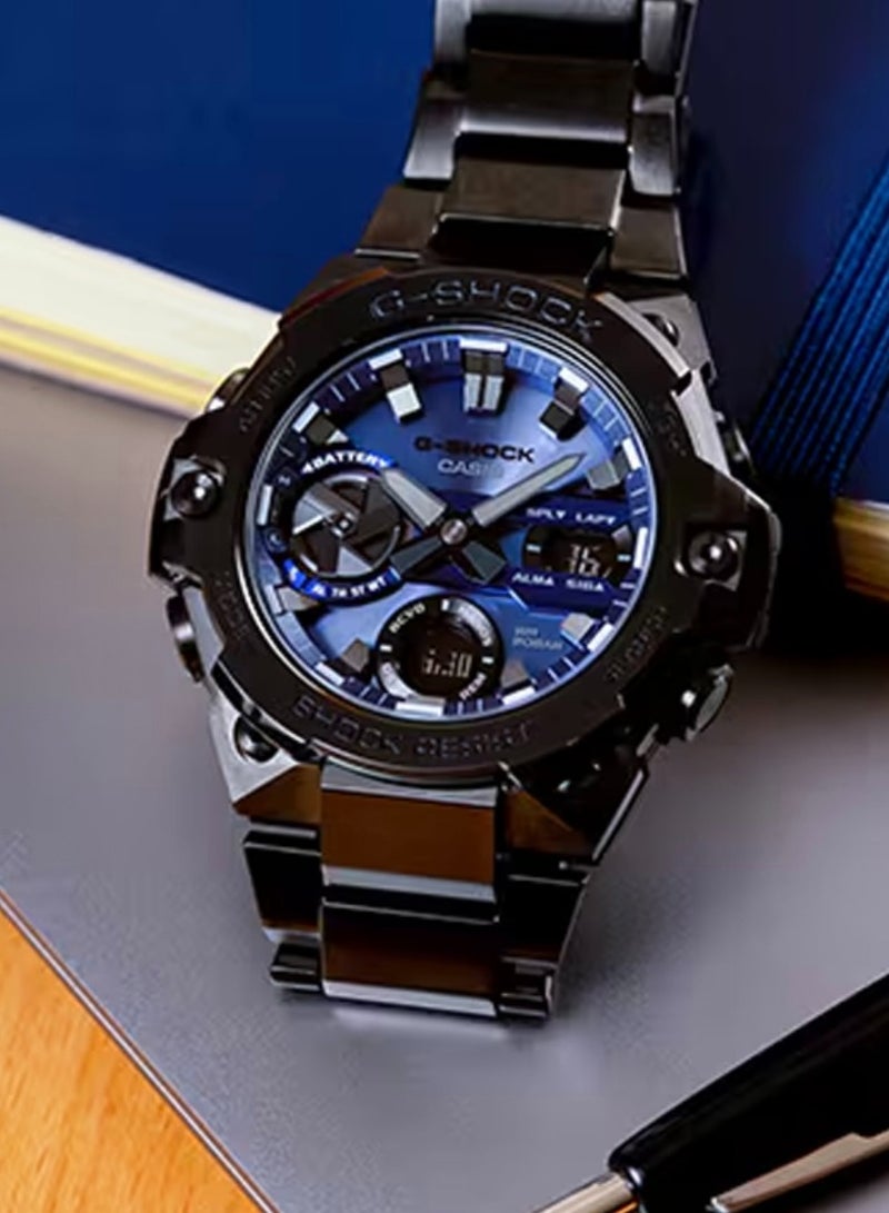 كاسيو كاسيو G-STEEL سلسلة - قرص مزدوج مقاوم للماء 200 متر الحركة الكوارتز الشمسية حزام من الفولاذ المقاوم للصدأ ساعة للرجال لوحة زرقاء - Image 5