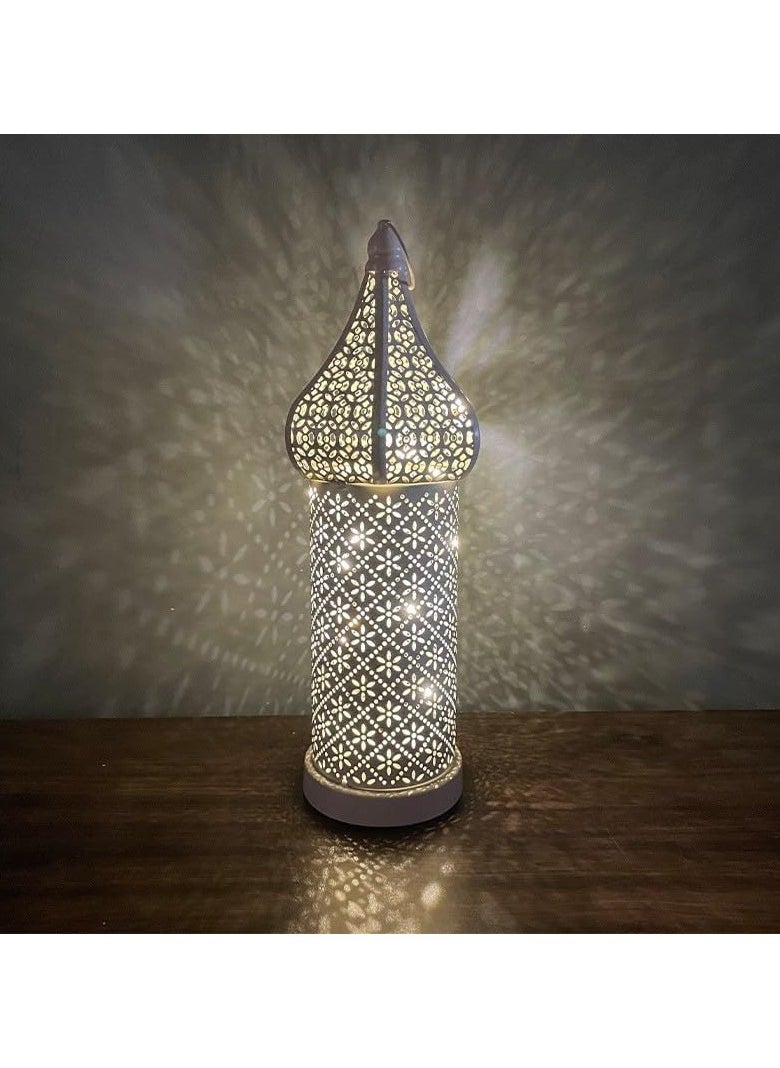 Jorunb - Antique Moroccan Lantern Lamp, Decorative Candle Holders, Battery Operated Iron Table Lamp Moroccan Lantern for Ramadan Decorations, Home Decor, Outdoor Patio or Porch (White) - Image 1