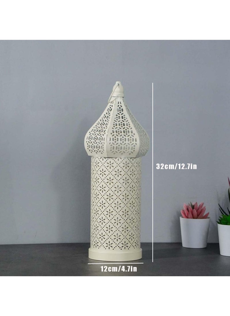 Jorunb - Antique Moroccan Lantern Lamp, Decorative Candle Holders, Battery Operated Iron Table Lamp Moroccan Lantern for Ramadan Decorations, Home Decor, Outdoor Patio or Porch (White) - Image 1