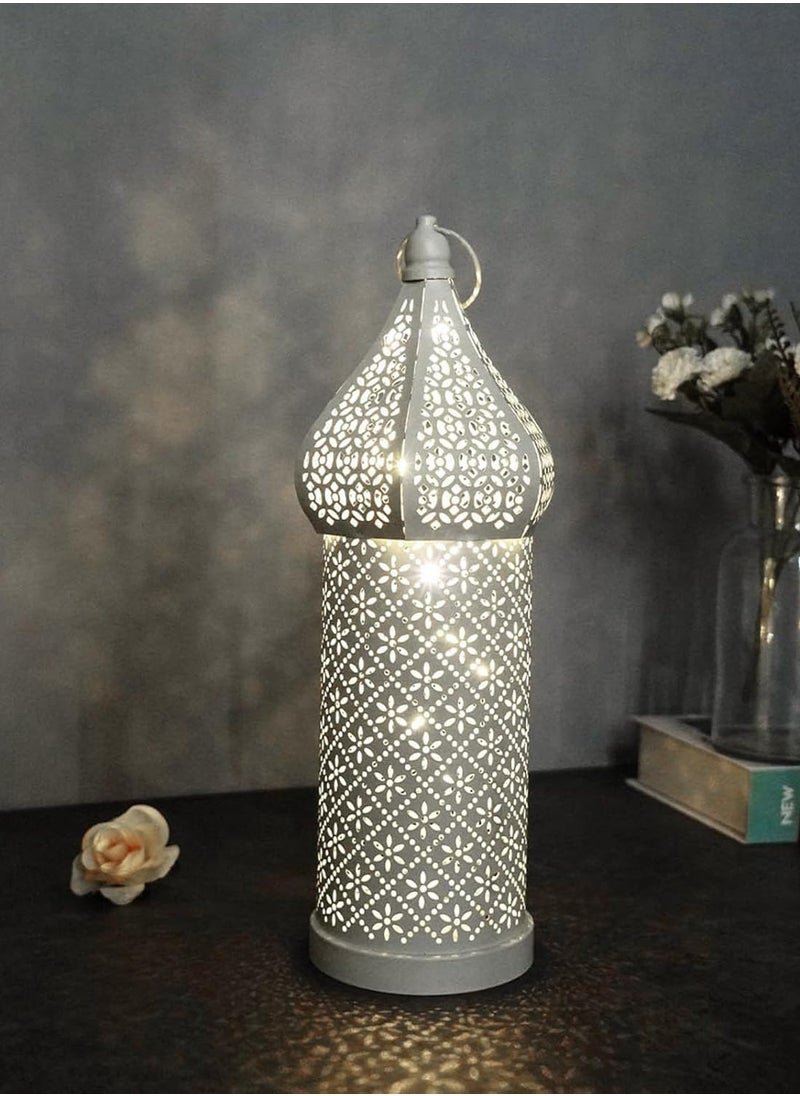Jorunb - Antique Moroccan Lantern Lamp, Decorative Candle Holders, Battery Operated Iron Table Lamp Moroccan Lantern for Ramadan Decorations, Home Decor, Outdoor Patio or Porch (White) - Image 1