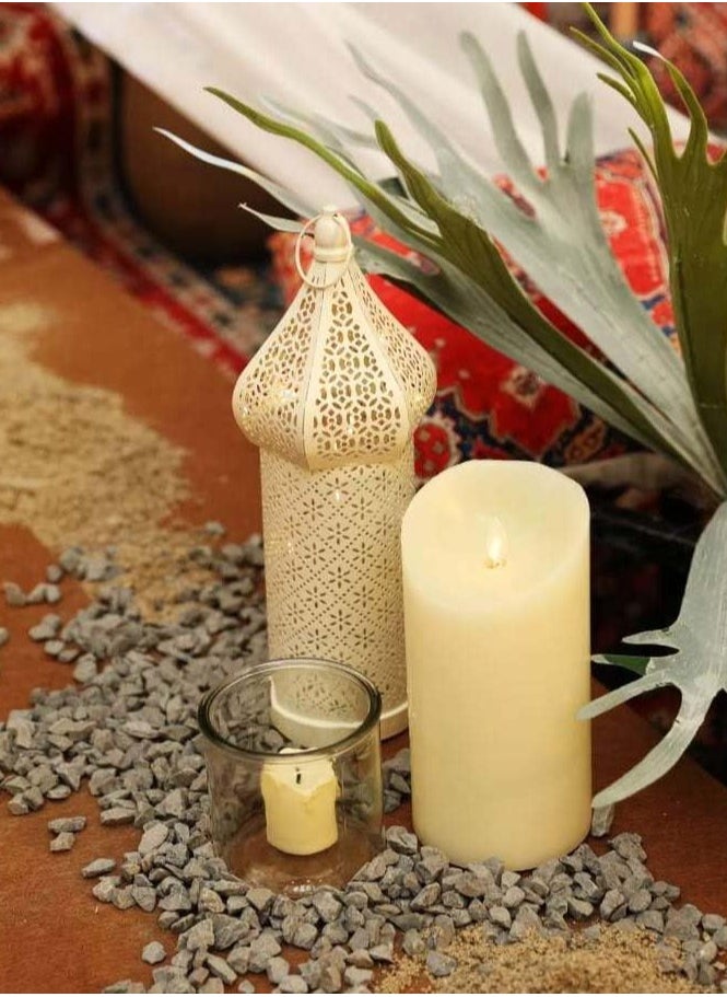Jorunb - Antique Moroccan Lantern Lamp, Decorative Candle Holders, Battery Operated Iron Table Lamp Moroccan Lantern for Ramadan Decorations, Home Decor, Outdoor Patio or Porch (White) - Image 1