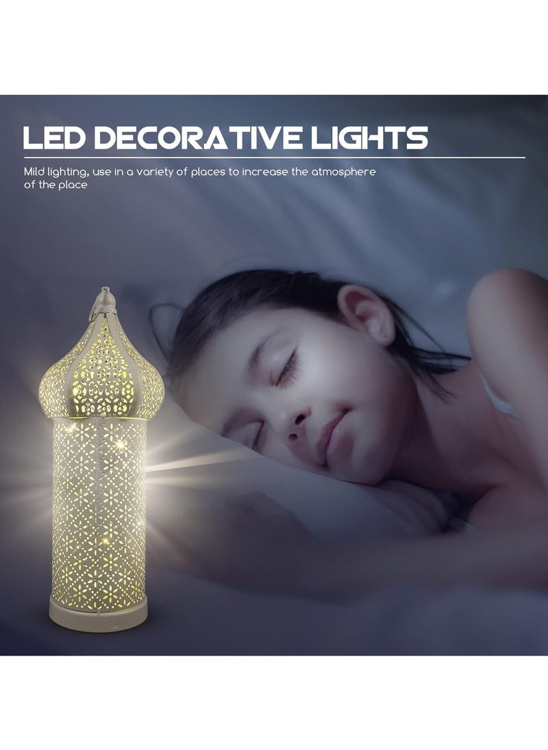 Jorunb - Antique Moroccan Lantern Lamp, Decorative Candle Holders, Battery Operated Iron Table Lamp Moroccan Lantern for Ramadan Decorations, Home Decor, Outdoor Patio or Porch (White) - Image 1