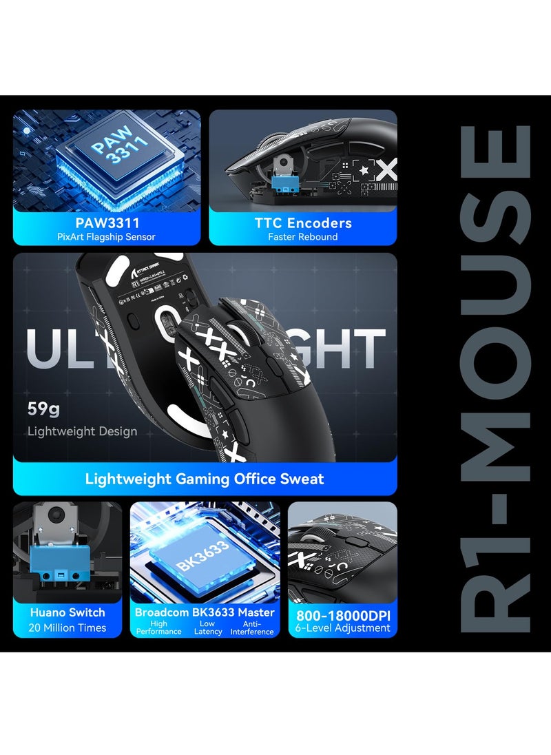 Attack Shark - R1 Wireless Gaming Mouse,Tri-Mode Connection (2.4G/Wired/BT5.2),55g Lightweight,18K DPI Optical Sensor,HUYU 20 Million Key Life,Ergonomic Design,for PC/Laptop/Win/Mac - Image 1