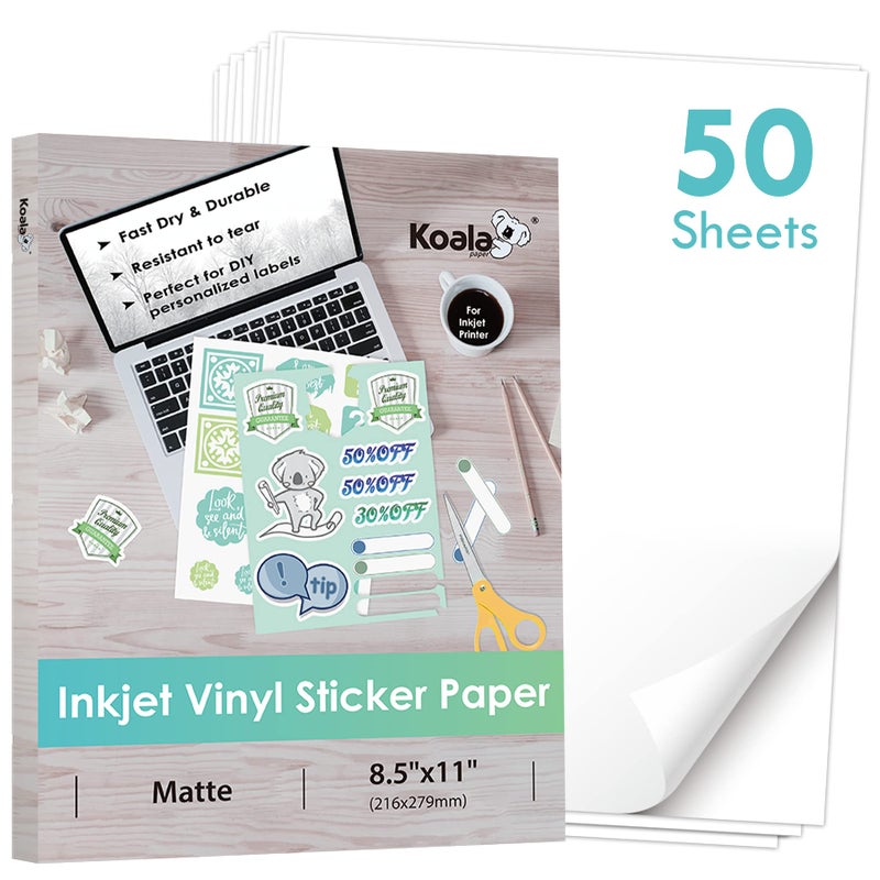 KOALA PAPER Koala Printable Vinyl Sticker Paper for Inkjet Printer - 50 Sheets Matte White Waterproof Sticker Printer Paper, 8.5x11 Inch, Work with Cutting Machine - Image 1