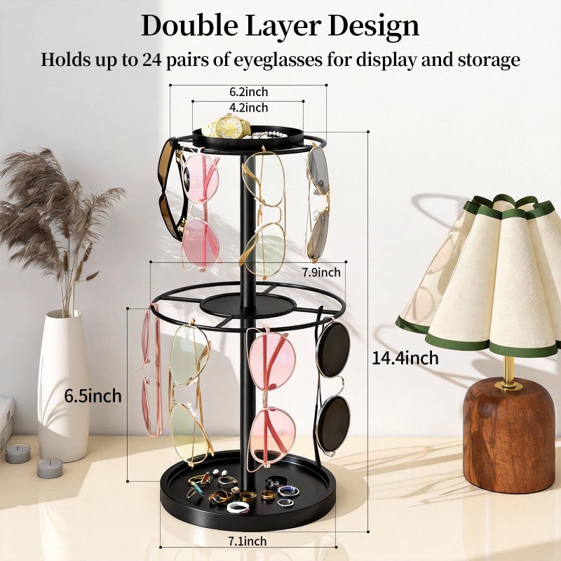 LSK 2 Tier Metal Sunglasses Organzier, Glasses Holder Stand with Storage Trays, Sunglasses Organizer Storage with Anti-Slip Pads for Tabletop, Desk, Dresser, Black - Image 4