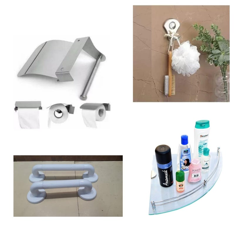 Bosney Combo of Toilet Paper HolderTowel Hanger Wall Mount Corner Shelf and Nylon Grab bar 10 INCH - Image 1