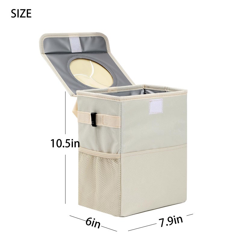 AOKJOY Car Garbage can with lid Leak Proof Vehicle Trash Can 3 Storage Pockets Hanging Waterproof car Trash Bag for SUV Beige - Image 2