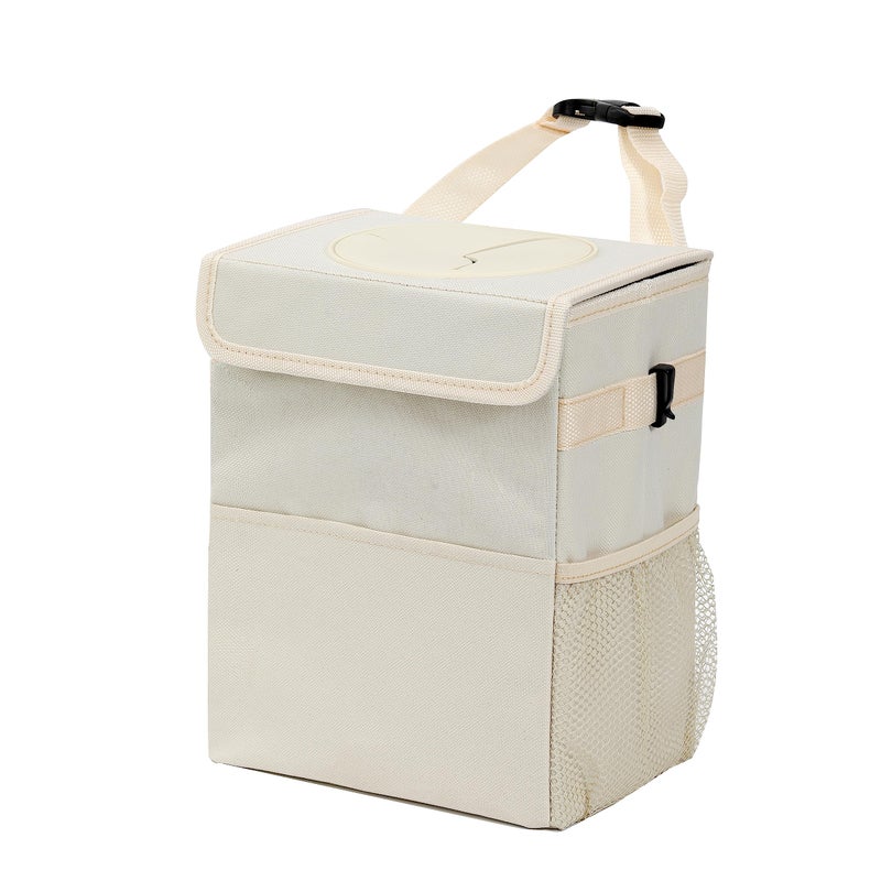 AOKJOY Car Garbage can with lid Leak Proof Vehicle Trash Can 3 Storage Pockets Hanging Waterproof car Trash Bag for SUV Beige - Image 1
