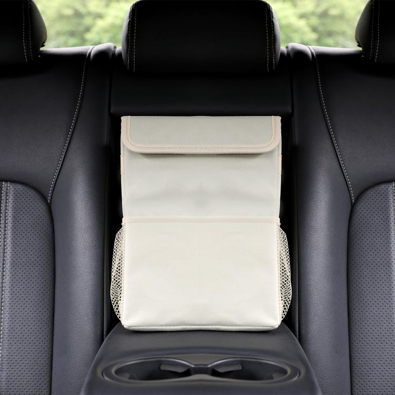 AOKJOY Car Garbage can with lid Leak Proof Vehicle Trash Can 3 Storage Pockets Hanging Waterproof car Trash Bag for SUV Beige - Image 3