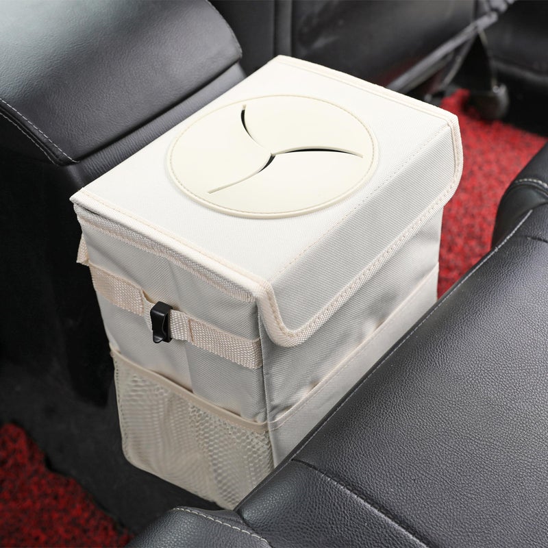 AOKJOY Car Garbage can with lid Leak Proof Vehicle Trash Can 3 Storage Pockets Hanging Waterproof car Trash Bag for SUV Beige - Image 4
