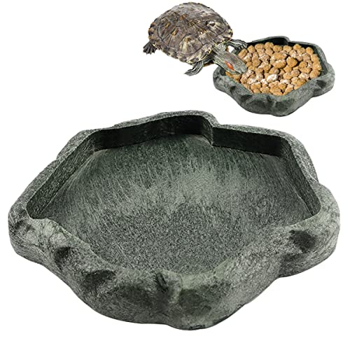 YOLUFER Reptile Water Dish Bowl Resin Rock Reptile Food and Water Feeder Pet Aquarium Ornament Terrarium Plate for Tortoise Lizard (Dark green Small) - Image 1