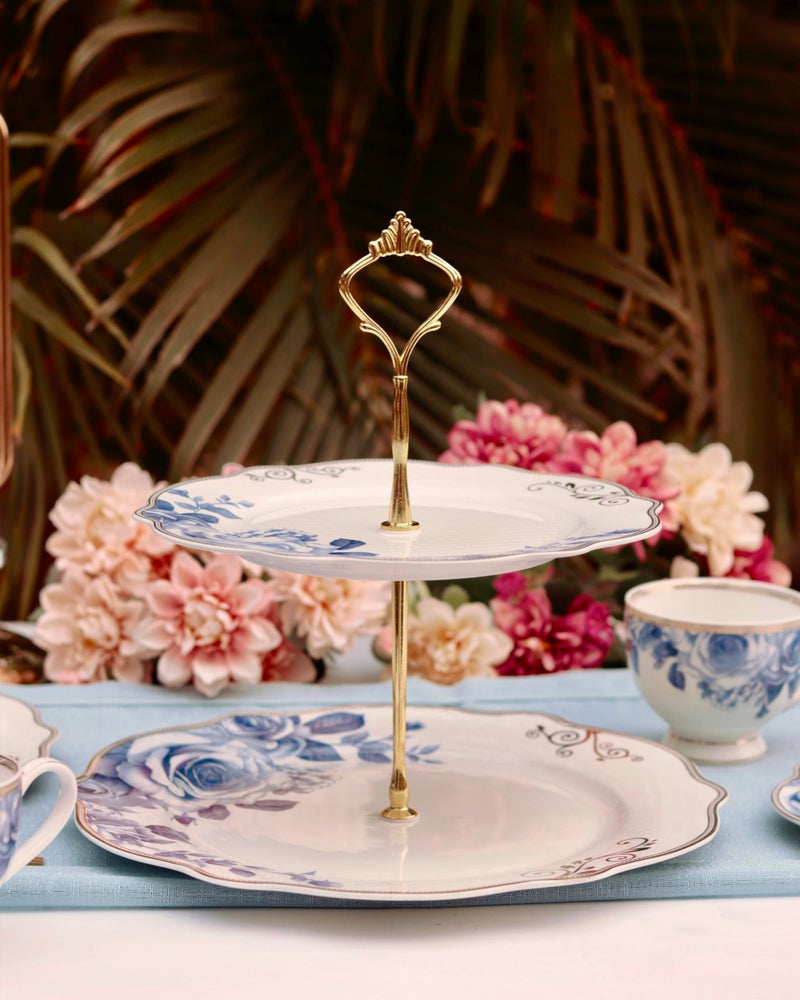 Vigneto Azure Gold Two Tier Dessert Stand, Cupcake Display and Cake Stand, Detachable Serving Dessert Tower | Finest Premium Porcelain - Image 2