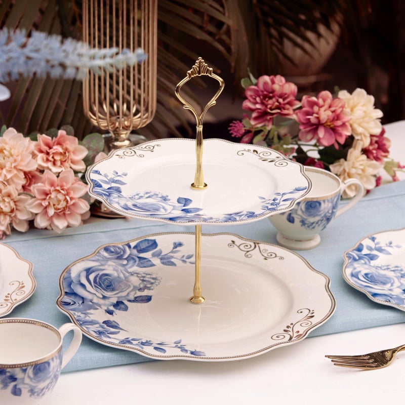 Vigneto Azure Gold Two Tier Dessert Stand, Cupcake Display and Cake Stand, Detachable Serving Dessert Tower | Finest Premium Porcelain - Image 1