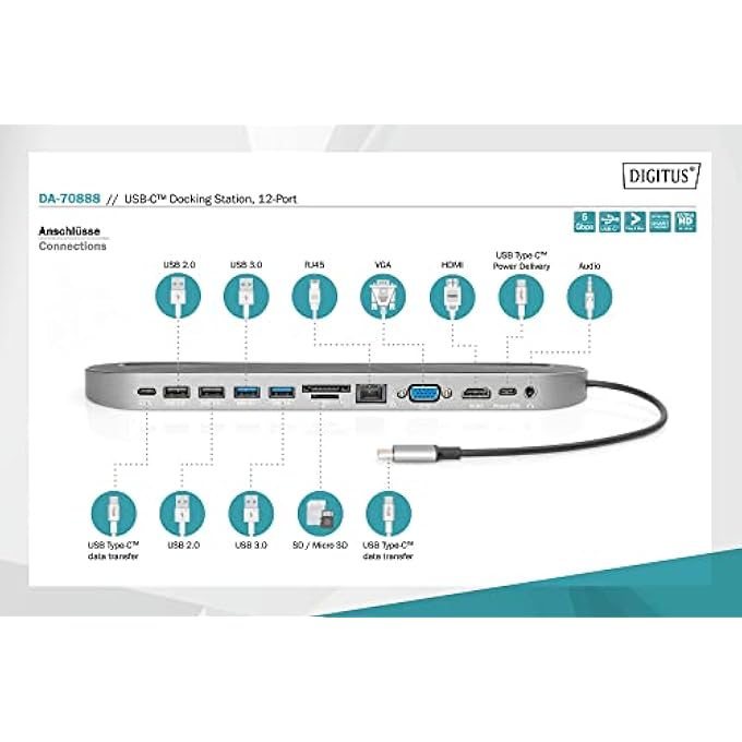 DIGITUS DA70888 NOTEBOOK DOCKPORT REPLICATOR WIRED USB 3.2 GEN 1 (3.1 GEN 1) TYPEC ALUMINIUM BLACK - Image 2