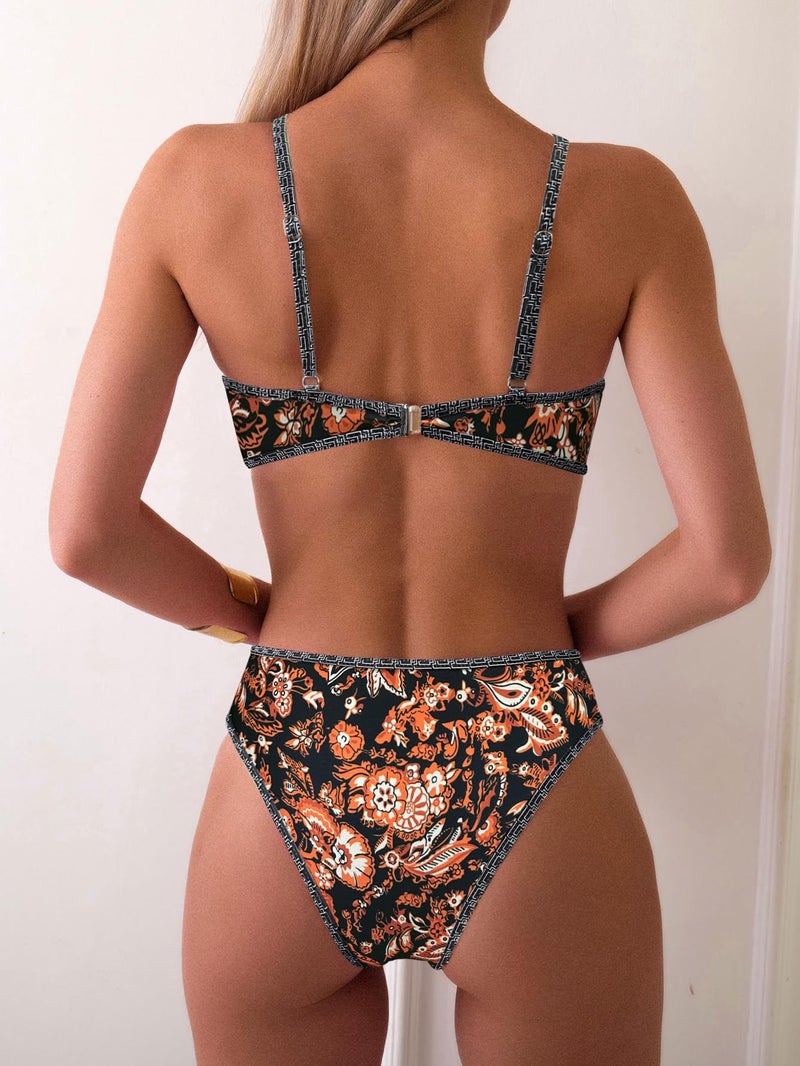 Fanuerg Women's Triangle Bikini Sets O Ring Linked Two Piece Swimsuits Brown Floral Printed Cheeky Bathing Suit XS - Image 3