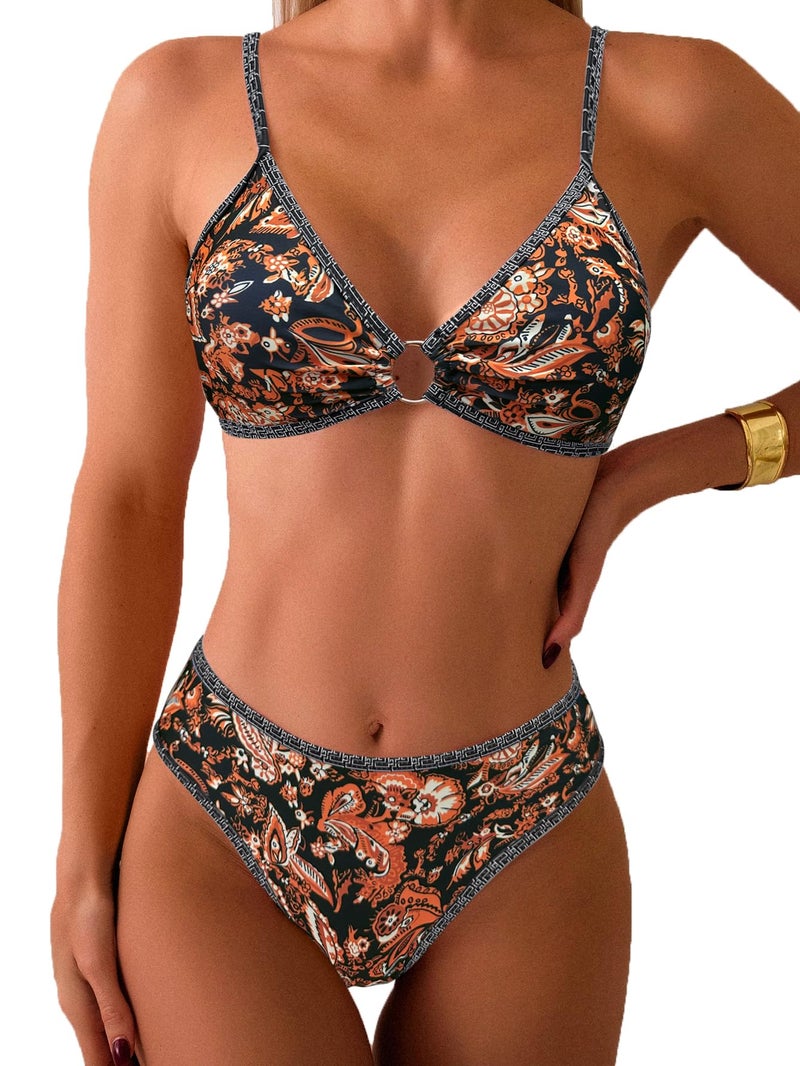 Fanuerg Women's Triangle Bikini Sets O Ring Linked Two Piece Swimsuits Brown Floral Printed Cheeky Bathing Suit XS - Image 1