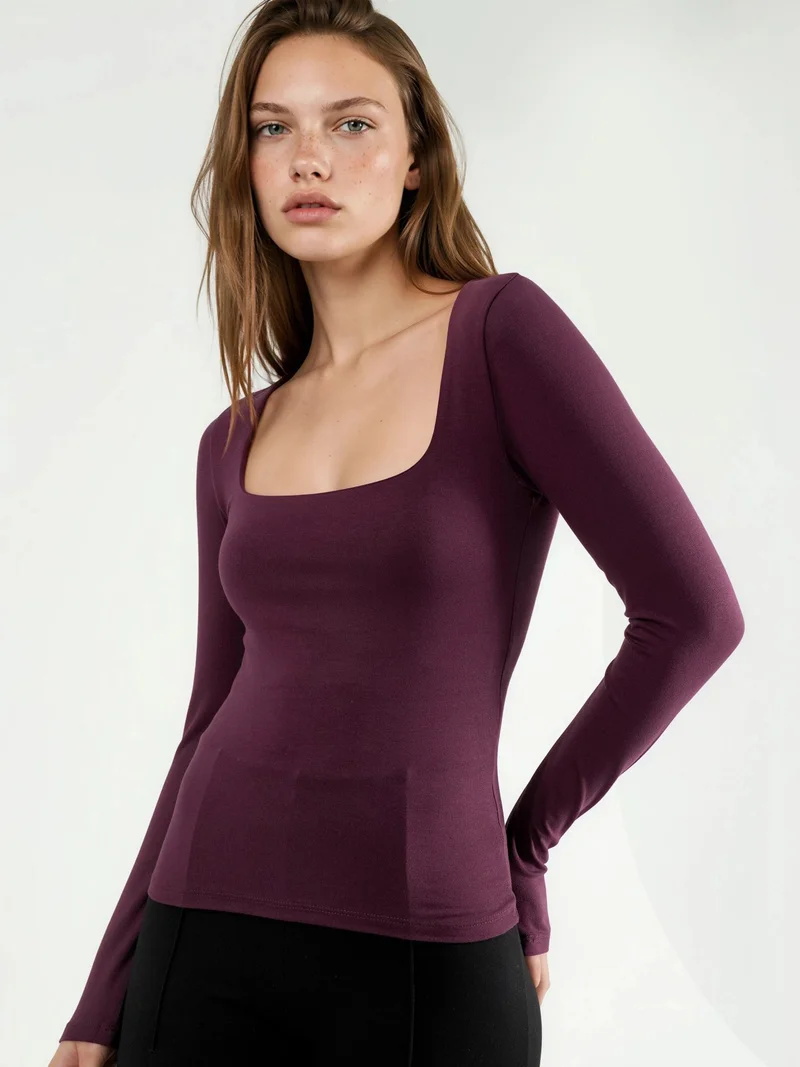 بوسيم BUSEM Fitted Long Sleeve Blouse with Square Collar