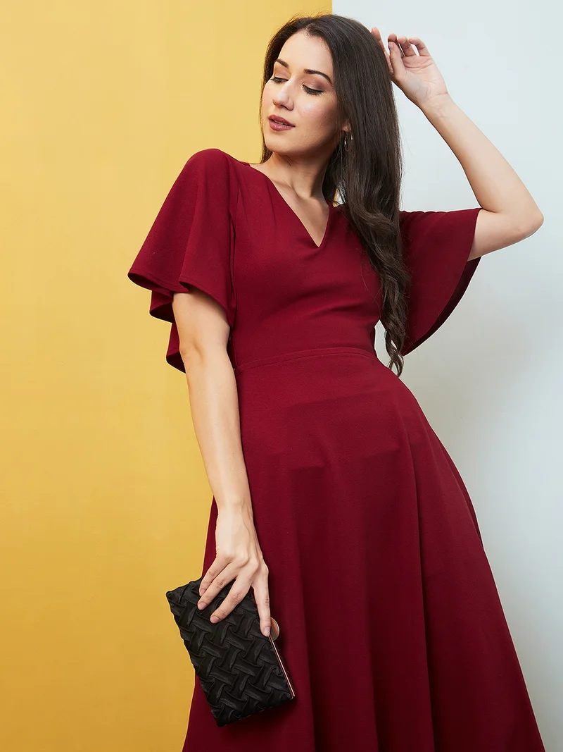 globus Women Maroon Flared Sleeves Cut Out Fit & Flare Midi Dress