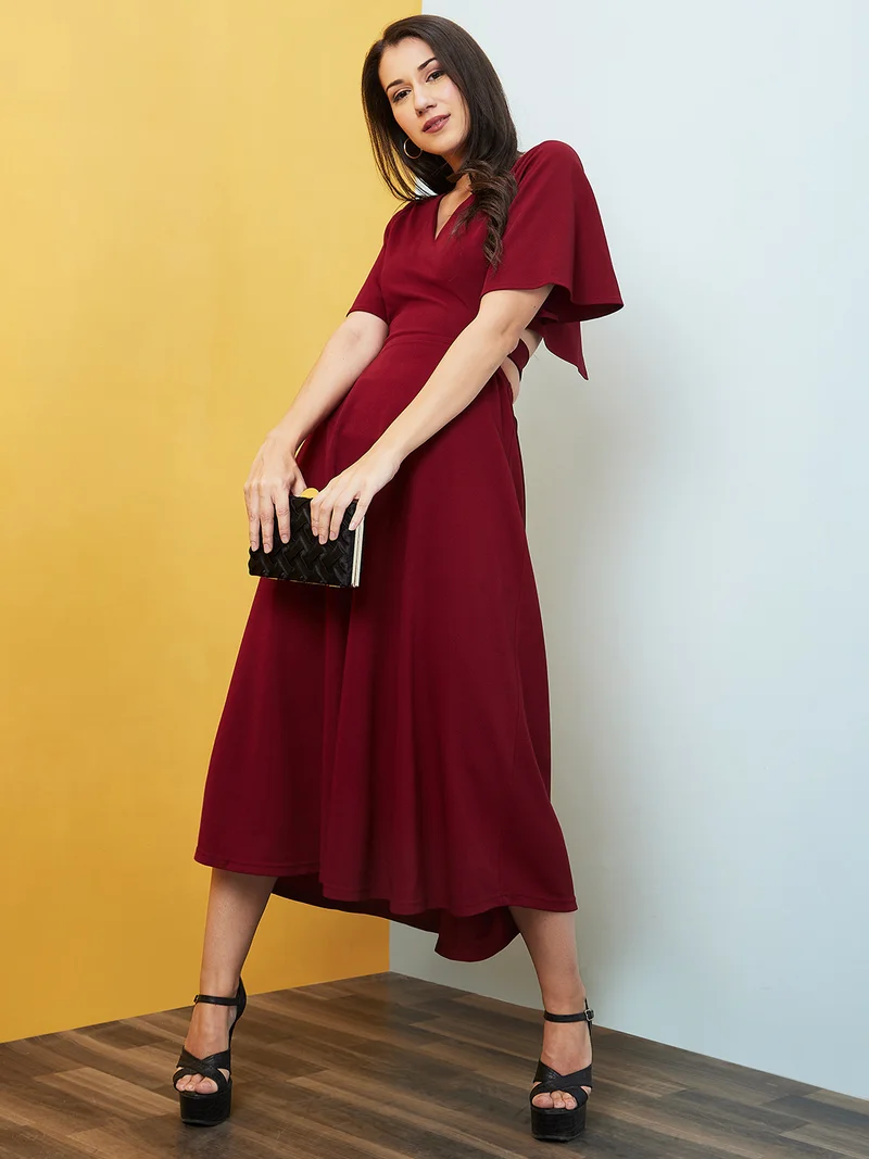 globus Women Maroon Flared Sleeves Cut Out Fit & Flare Midi Dress