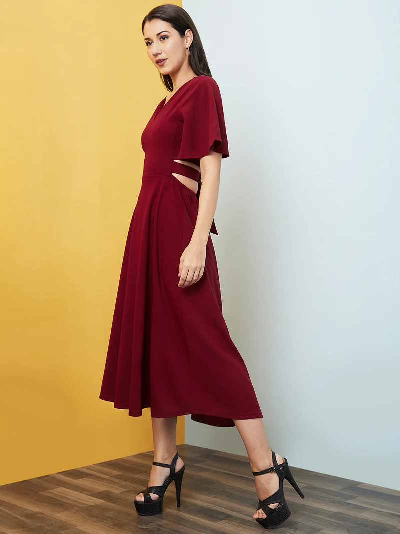 globus Women Maroon Flared Sleeves Cut Out Fit & Flare Midi Dress