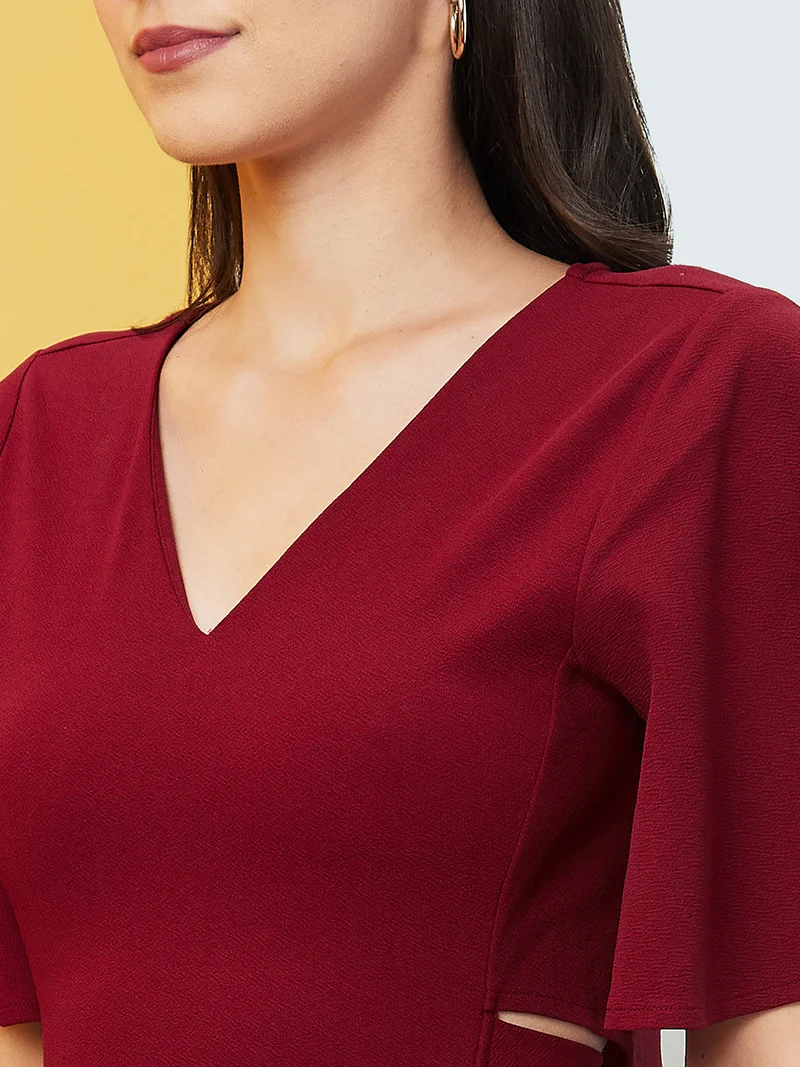 globus Women Maroon Flared Sleeves Cut Out Fit & Flare Midi Dress