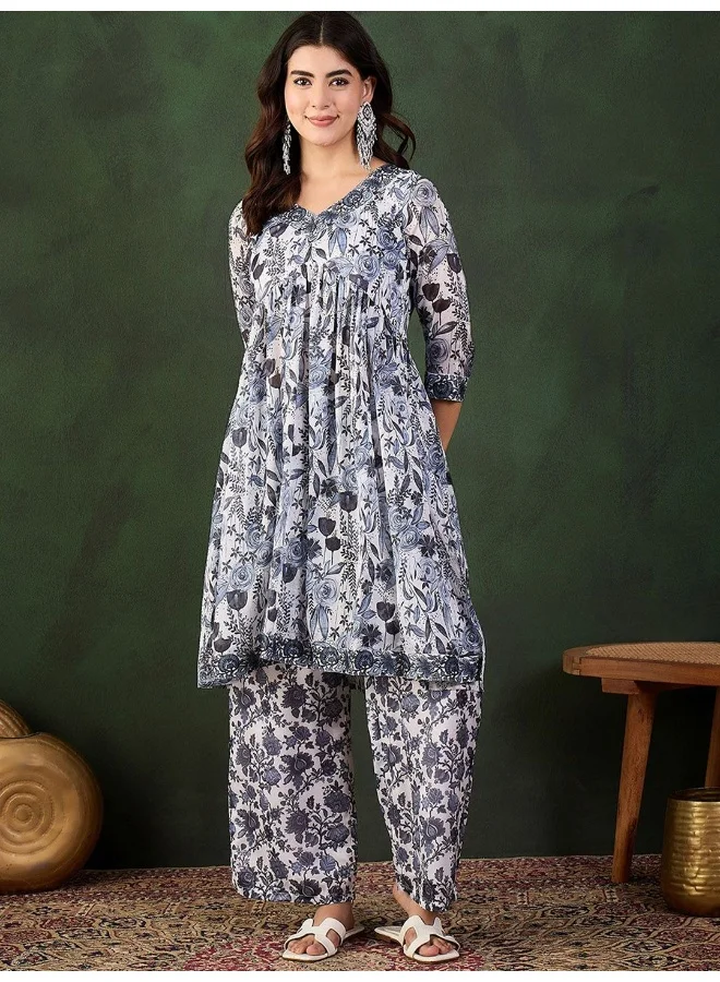 AKS Black And White Chinnon Digital Printed Nayra Cut KurtaPalazzo