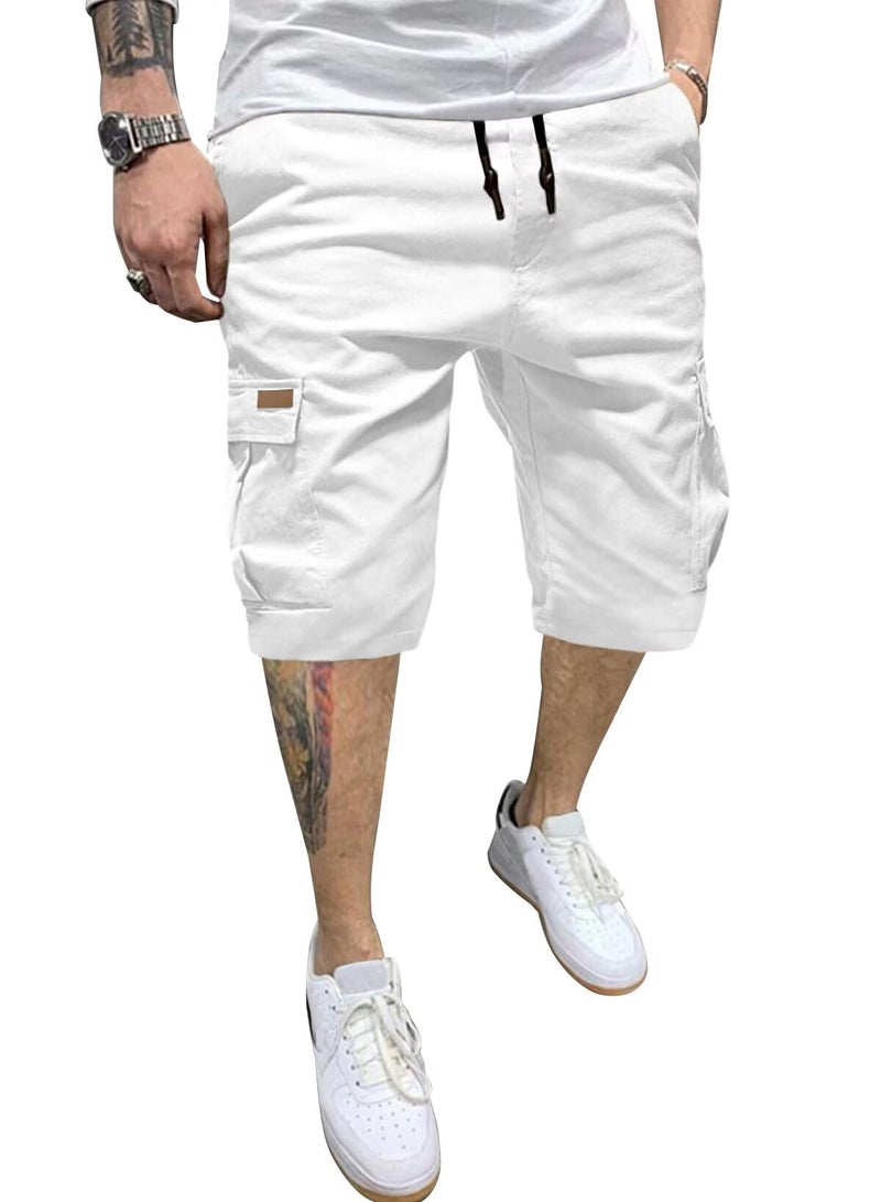 شورتات جولف قطنية للرجال من دوكوتو، تصميم مريح، مقاس 34، 7 إنش، مع حزام مرن وسحب، مناسبة للأنشطة الخارجية والشاطئ والمشي، شورتات جينز بيضاء مع جيوب