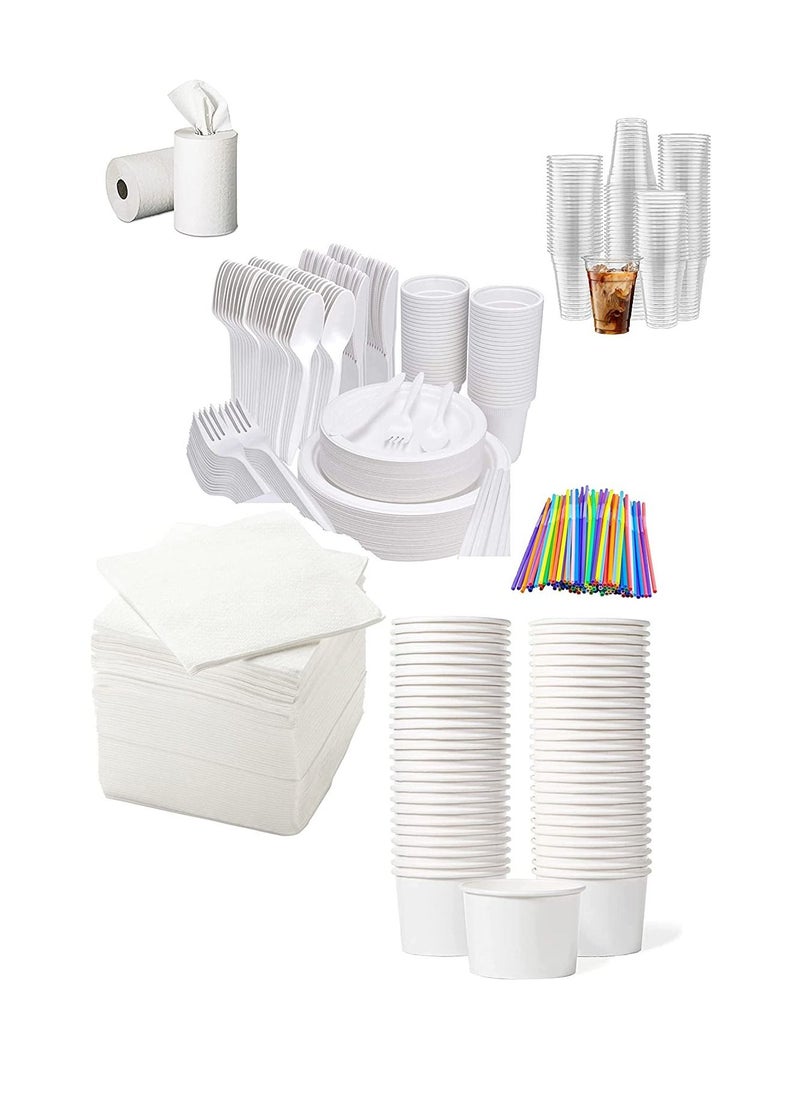 1000PC All-Inclusive Party Bundle Disposable Napkin, Juice Cups, Ice Cream Cups, Foam Plates, Foam Cups, Spoon And Fork, Maxi Rolls For 100 People