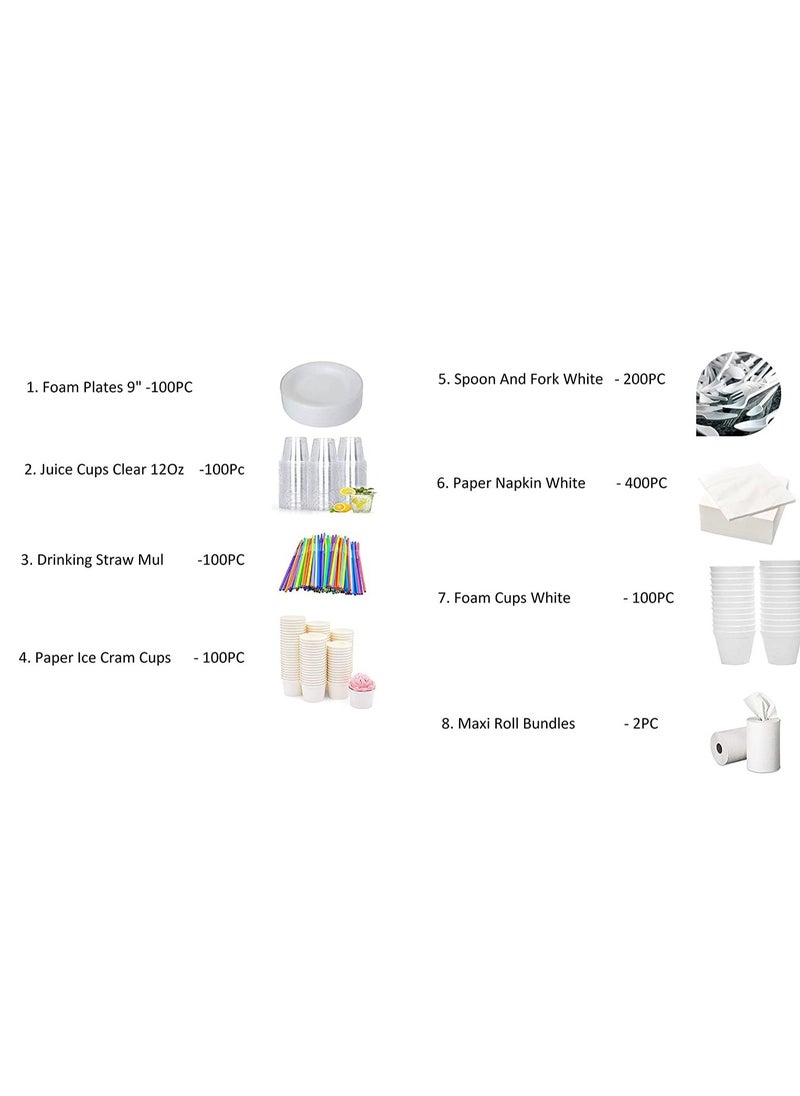 1000PC All-Inclusive Party Bundle Disposable Napkin, Juice Cups, Ice Cream Cups, Foam Plates, Foam Cups, Spoon And Fork, Maxi Rolls For 100 People