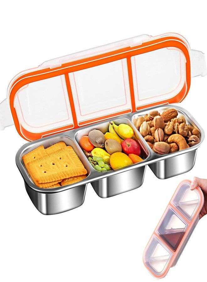MINGRI Stainless Steel Snack Containers for Kids,3 Compartments Metal Snack Pack Box with Lids, Grab and Go Divided Food Storage Containers Sauce Cups for Travel, School,Leak-Proof,1 Pack - Image 1