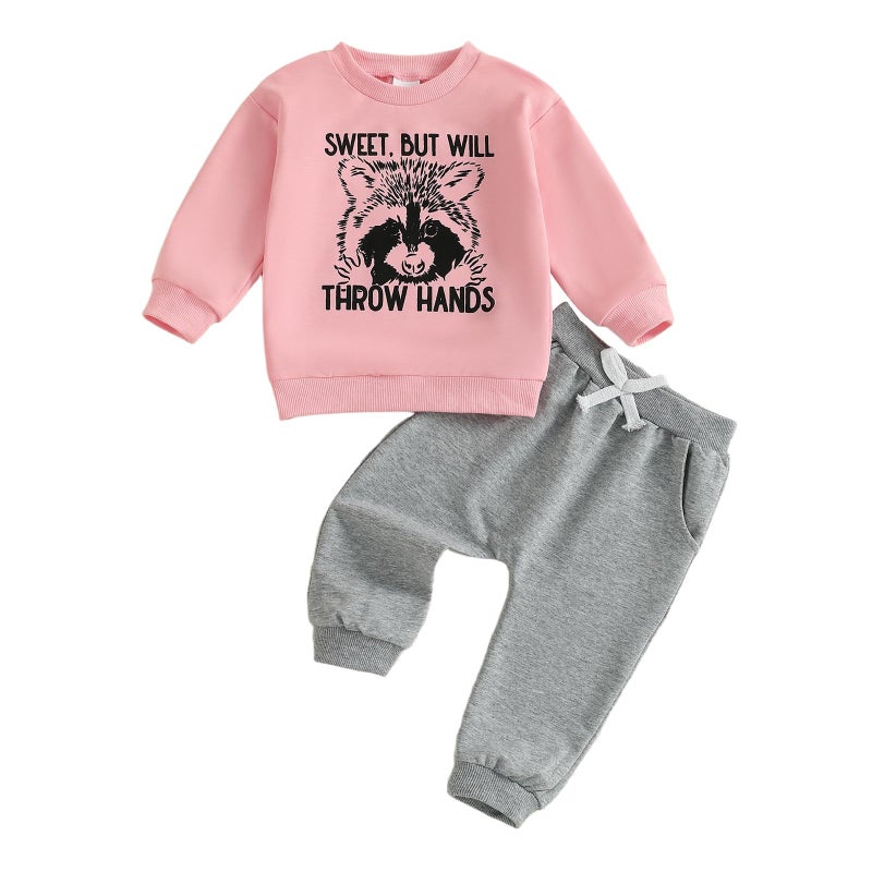 allshope Toddler Baby Girl Fall Outfit Letter Print Sweatshirt Tops Elastic Waist Pant Cute Infant Newborn Winter Clothes Set (Raccoon Pink, 12-18 Months) - Image 1