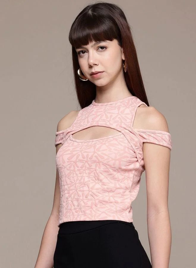 Women Regular Fit Textured Crew Neck Sleeveless Cut Out Top