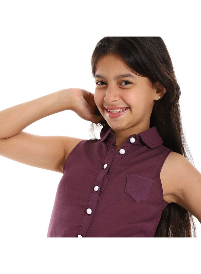 Andora Sleeveless Eggplant Self Patterned Girls Shirt-Eggplant  - Image 4