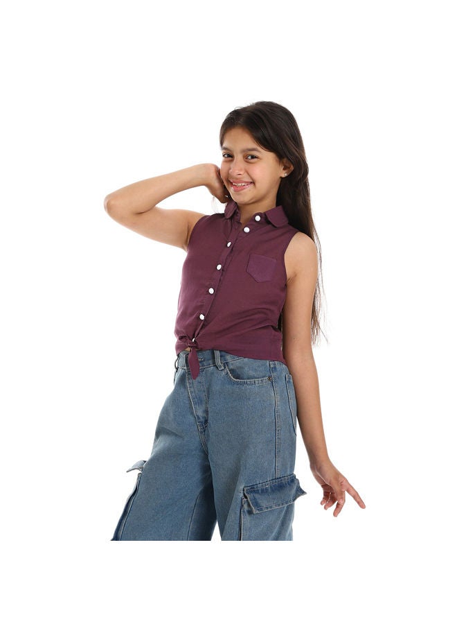 Andora Sleeveless Eggplant Self Patterned Girls Shirt-Eggplant  - Image 2