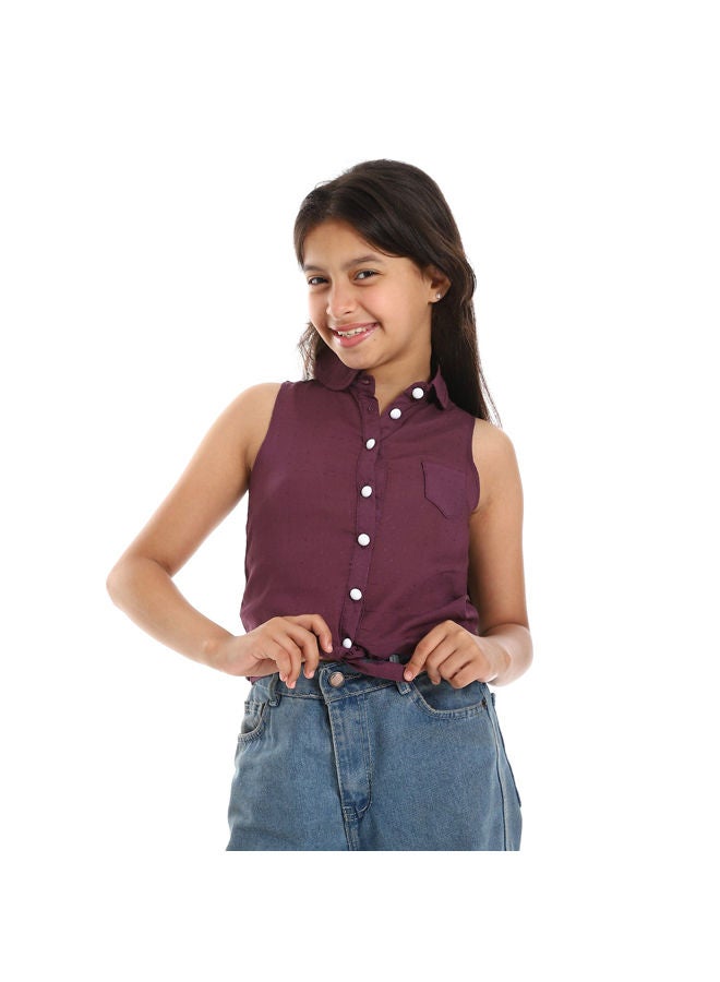 Andora Sleeveless Eggplant Self Patterned Girls Shirt-Eggplant  - Image 3