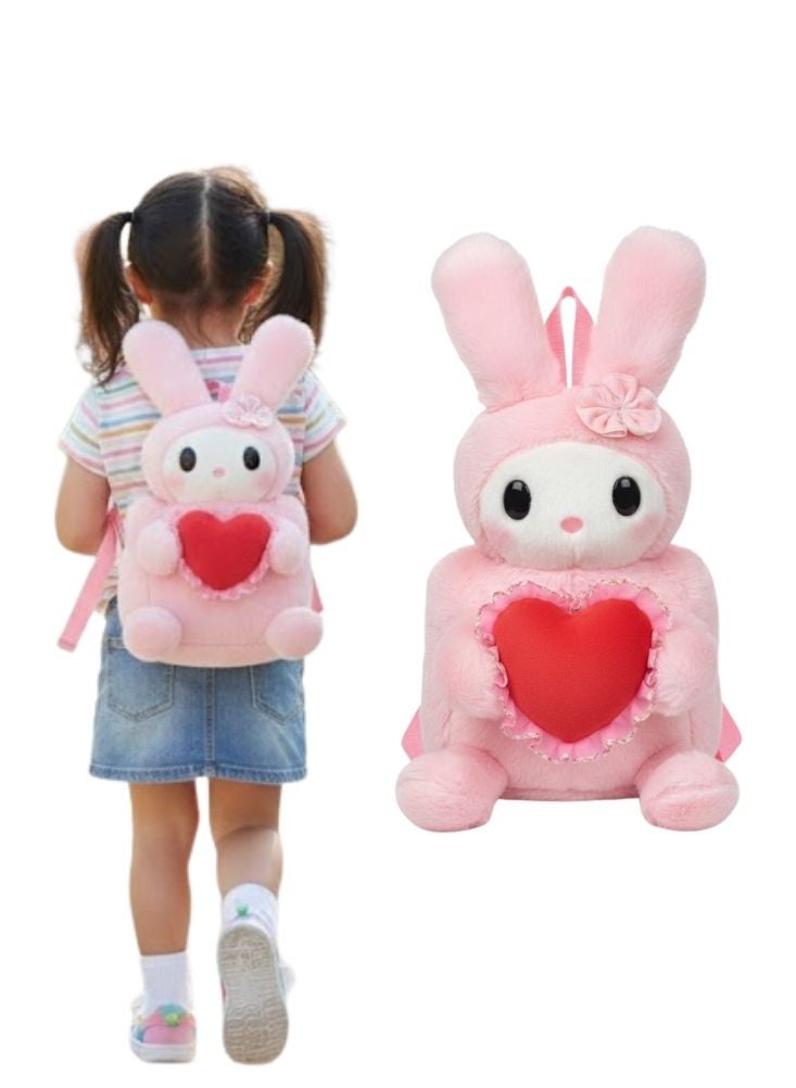 بريميم حقيبة ظهر بيني الأرنب القطيفة مع قلب - حقيبة مدرسية ثلاثية الأبعاد لطيفة وناعمة للبنات، حقيبة ظهر خفيفة الوزن للأطفال للاستخدام اليومي - Image 1