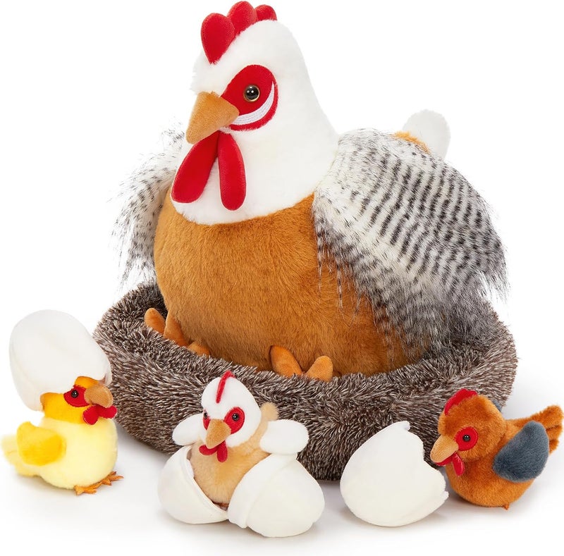 MorisMos 37 cm Chicken Giant Rooster Cuddly Toy XXL, Large Chicken Plush Toy XXL with 3 Baby in Egg, Hen Chicken in Basket, Christmas Children's Gift - Image 1